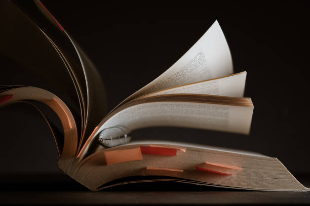 Side photo of an open book with its pages in motion and with red and orange separating flags. A metal pen in the middle of the book and a black background.
